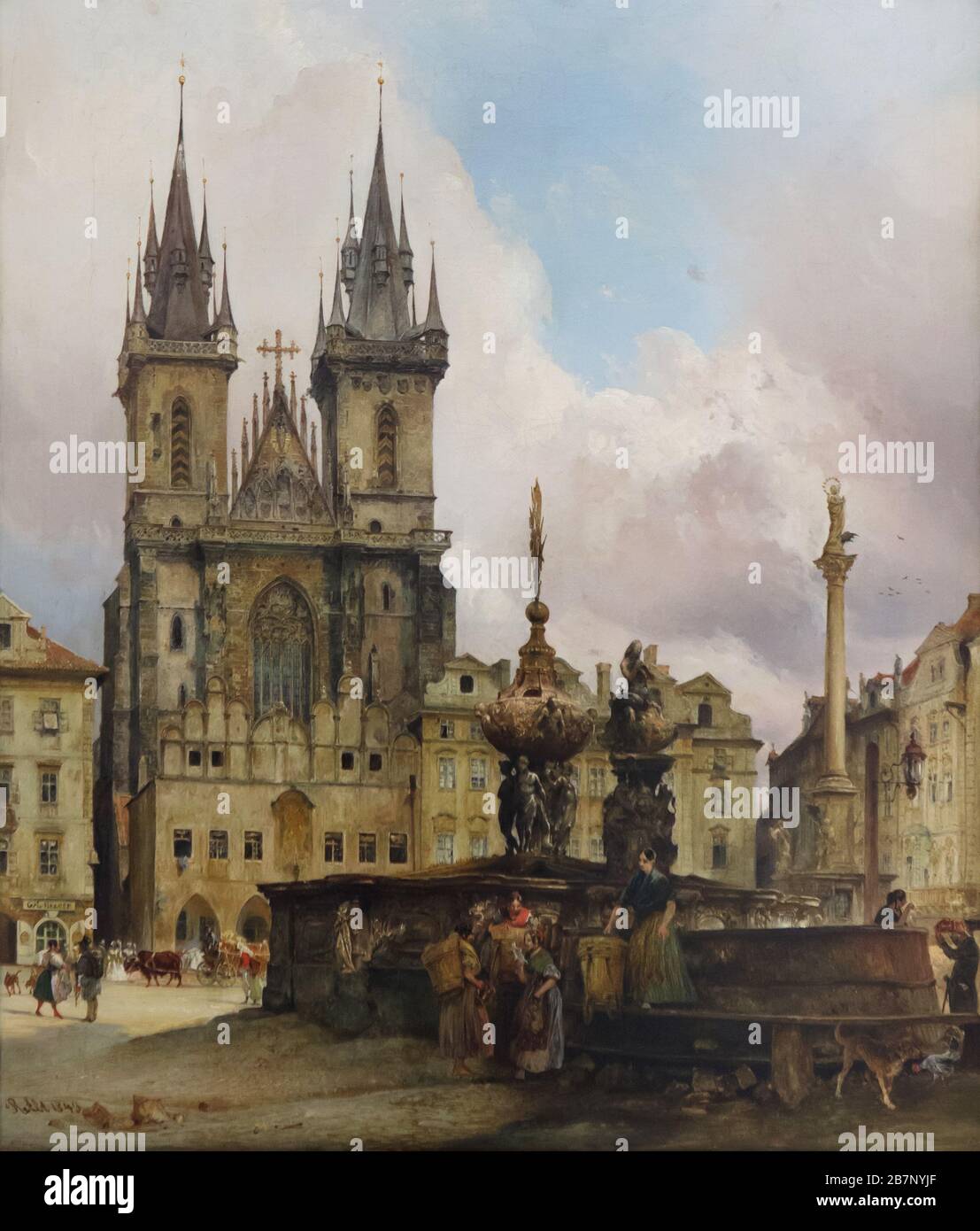 Gemälde "Týn-Kirche mit Krocín-Brunnen" des österreichischen Landschaftsmalers Rudolf von Alt (1843) in der Dauerausstellung der Nationalgalerie (Národní galerie) im Veletržní palác (Messepalast) in Prag, Tschechien. In der Lackierung sind die Kirche (Týnský chrám) und der Krocín-Brunnen (Krocínova kašna) auf dem Altstädter Ring (Staroměstské náměstí) in Prag, Österreichisches Reich (heute Tschechien) dargestellt. Týn Im Hintergrund ist auch die Mariensäule (Mariánský sloup) zu sehen. Stockfoto
