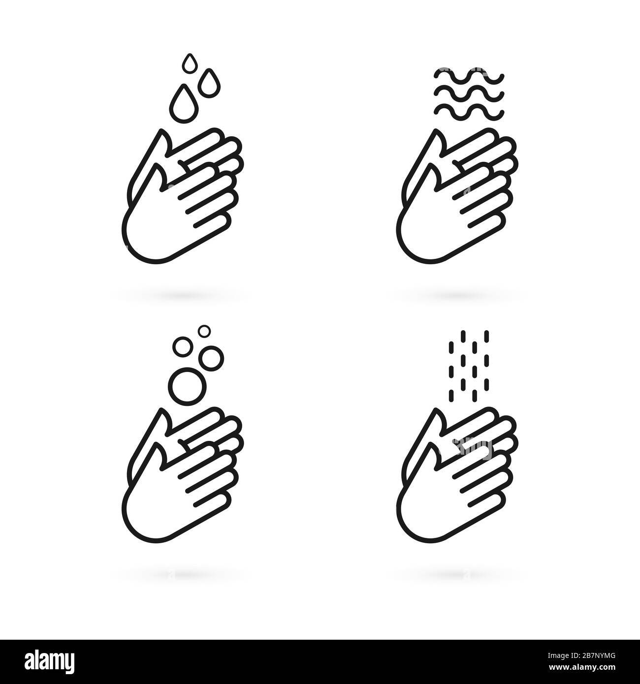 Handwaschsymbol eingestellt. Hände mit Wassersymbolen. Vorbeugung gegen Viren, Bakterien, Grippe und Coronavirus. Konzept von Hygiene, Sauberkeit, Desinfektion Stock Vektor