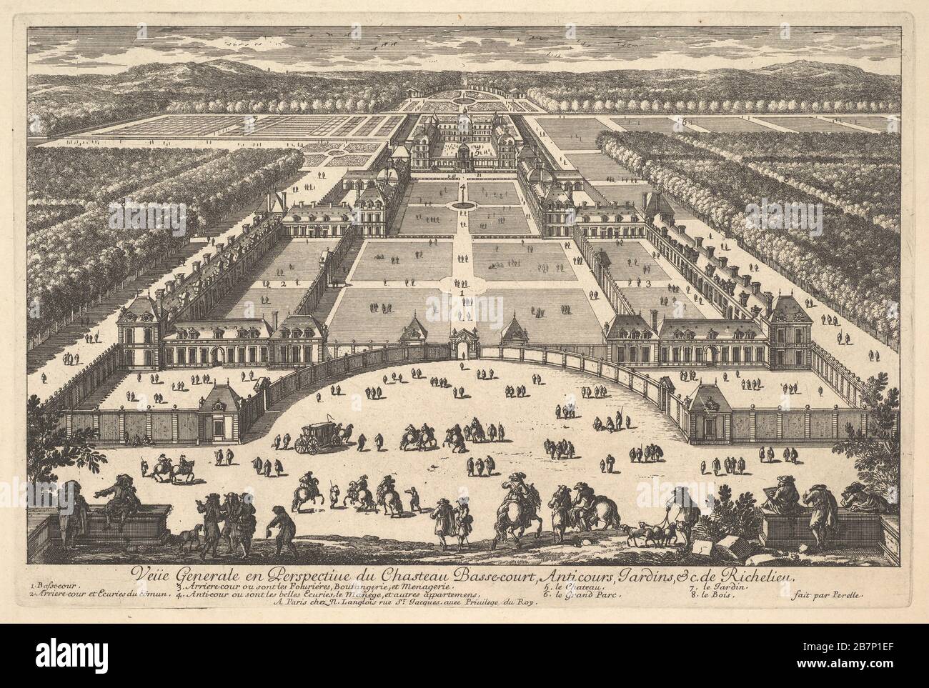 VE&#xfc;e generale en perspective du ch&#xe2;teau Bassecourt, Anticours, Jardins, &amp;c. De Richelieu, 17. Jahrhundert. Stockfoto