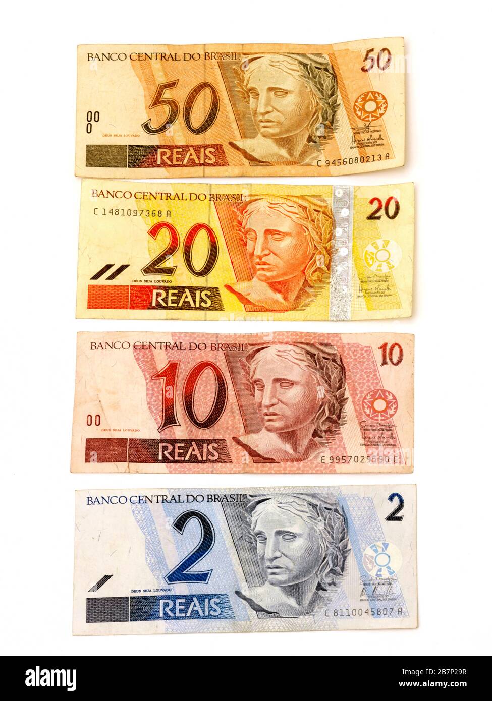 Brasilianische Reias-Banknoten, die die Effigie der Republik als eine Brust-First-Serie darstellen (1994-2010) Stockfoto