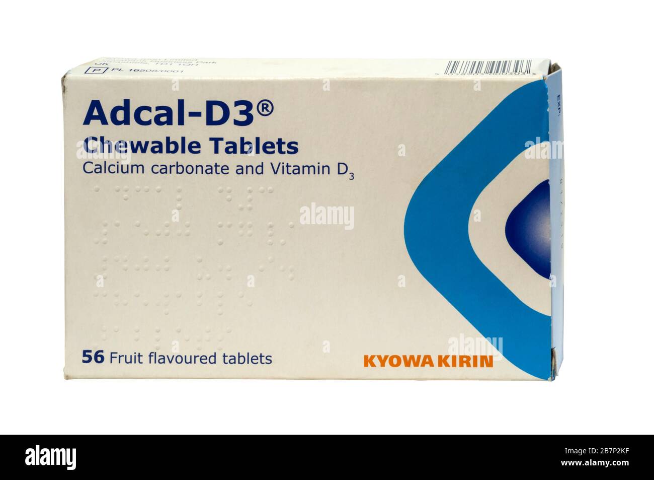 Eine Packung Adcal-D3 Kalziumkarbonat- und Vitamin D3-Kautabletten. Wird zur Behandlung von Osteoporose verwendet. Stockfoto