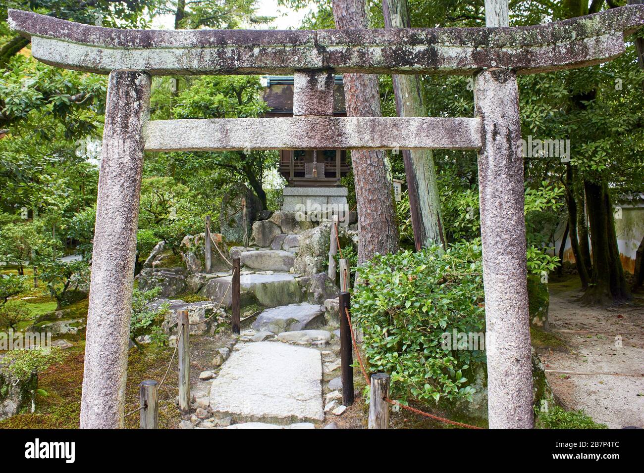 Torii-Tore aus Stein im japanischen Garten Stockfoto