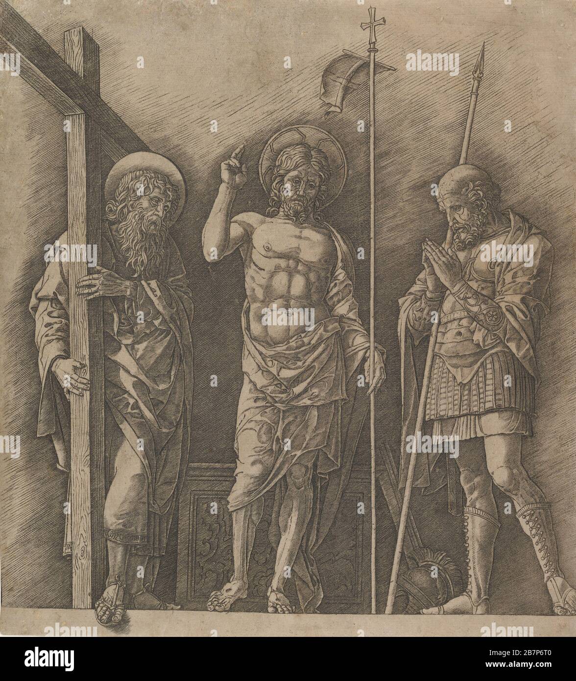 Der auferstandene Christus zwischen dem heiligen Andreas und dem heiligen Longinus, ca. 1472. Stockfoto