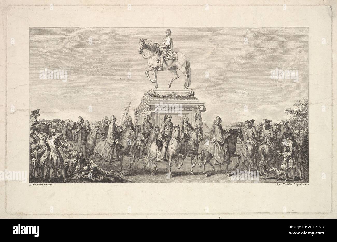 Die Einweihung der Statue von Louis XV, Vignette auf Seite 1, von Description des Travaux qui ont pr&#xe9;c&#xe9;d&#xe9; accompagn&#xe9; et suivi la fonte en Bronze d'un seul Jet de la Statue&#xe8;de Louis XV e##e9 e leve#en leve r9. Par M. Mariette, Honoraire Amateur de l'Acad&#xe9;Mie Royale de Peinture et Sculpture, A Paris de l'Imprimerie de P.G. Le Mercier, 1766. Nach Hubert Fran&#xe7;OIS Gravelot Stockfoto