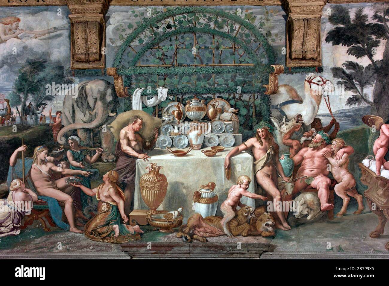 "Bankett der Götter" in der "Kammer der Kupiden und Psyche". Fresko von Giulio Romano und Helfern (16. Jahrhundert) im Palazzo Te, Mantua, Lombardei, IT Stockfoto