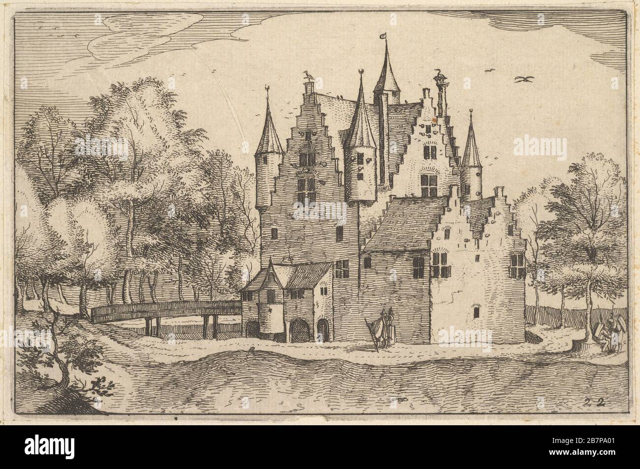 Eine Burg, Platte 22 von Regiunculae et Villae aliquot Ducatus brabantiae, ca. 1610. Nach dem Meister der kleinen Landschaften. Stockfoto