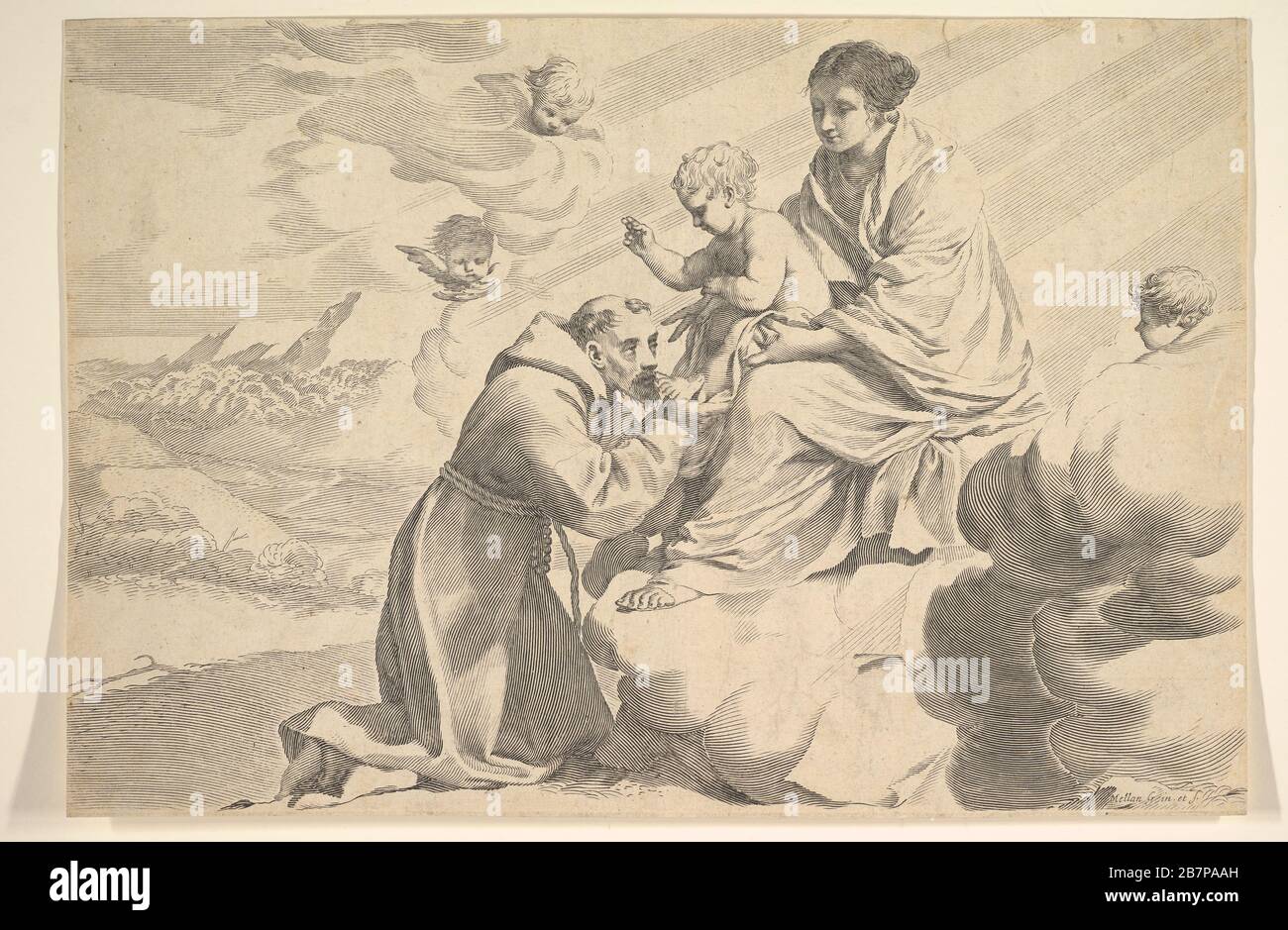 Der heilige Franziskus von Assisi schmükt das Christuskind auf dem Schoß der Jungfrau. Stockfoto