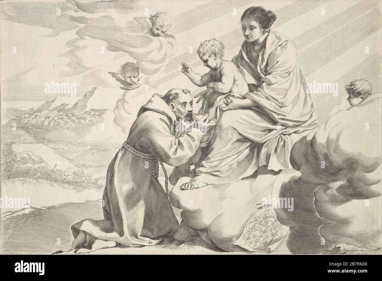 Der heilige Franziskus von Assisi schmükt das Christuskind auf dem Schoß der Jungfrau. Stockfoto