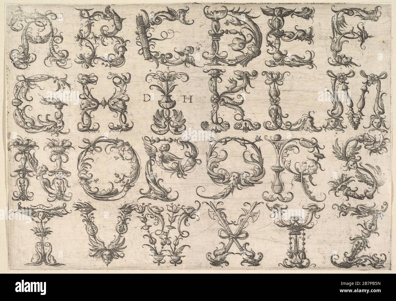 Ornamentiertes römisches Majuskel Alphabet, ca. 1520