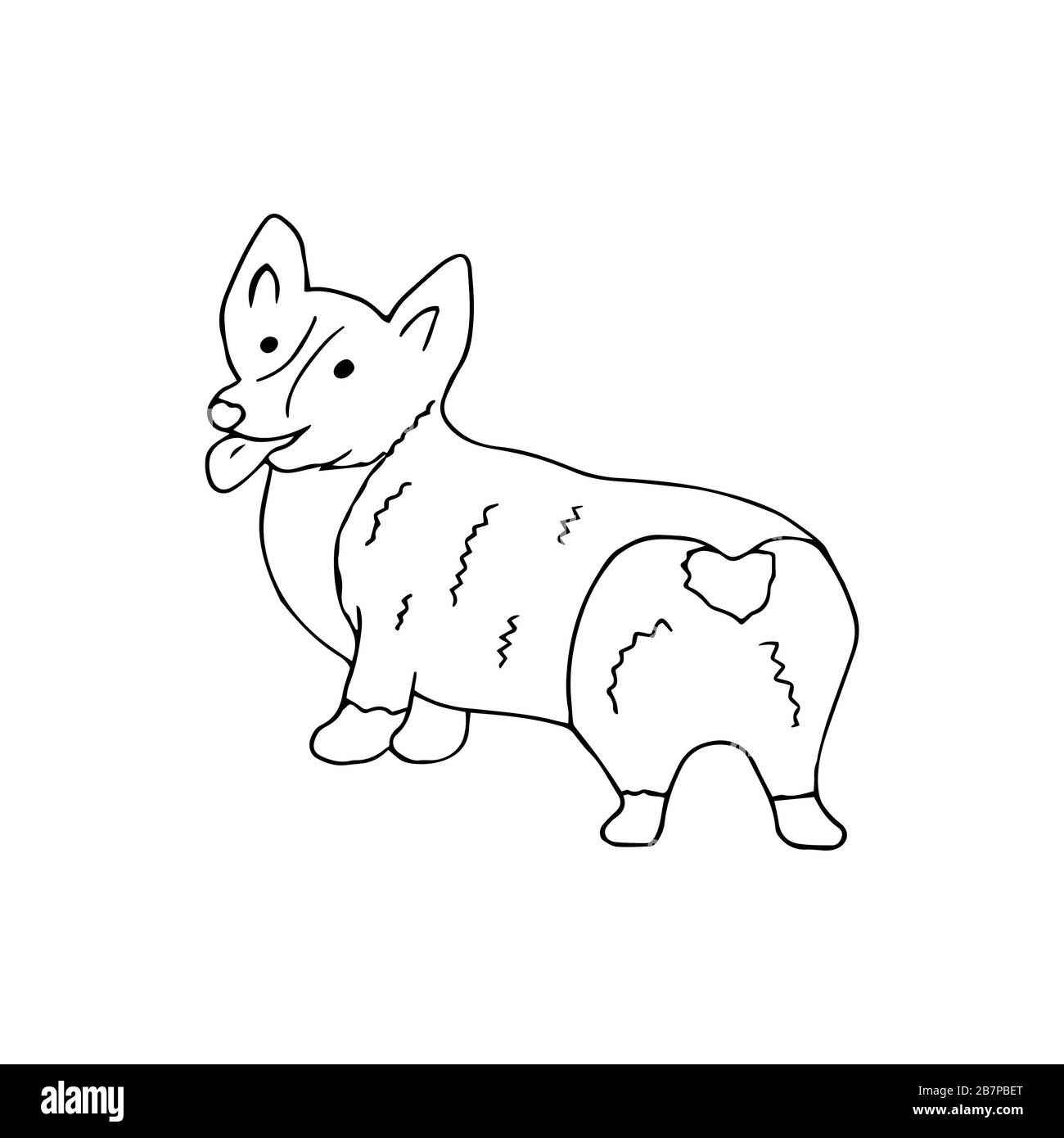 Ein fröhlicher verspielter Hund sieht mit aushängender Zunge aus. Corgi brüten. National Puppy Day. Schönes Tier, beste Freundin, Lieblingstier. Schwarz an Stock Vektor