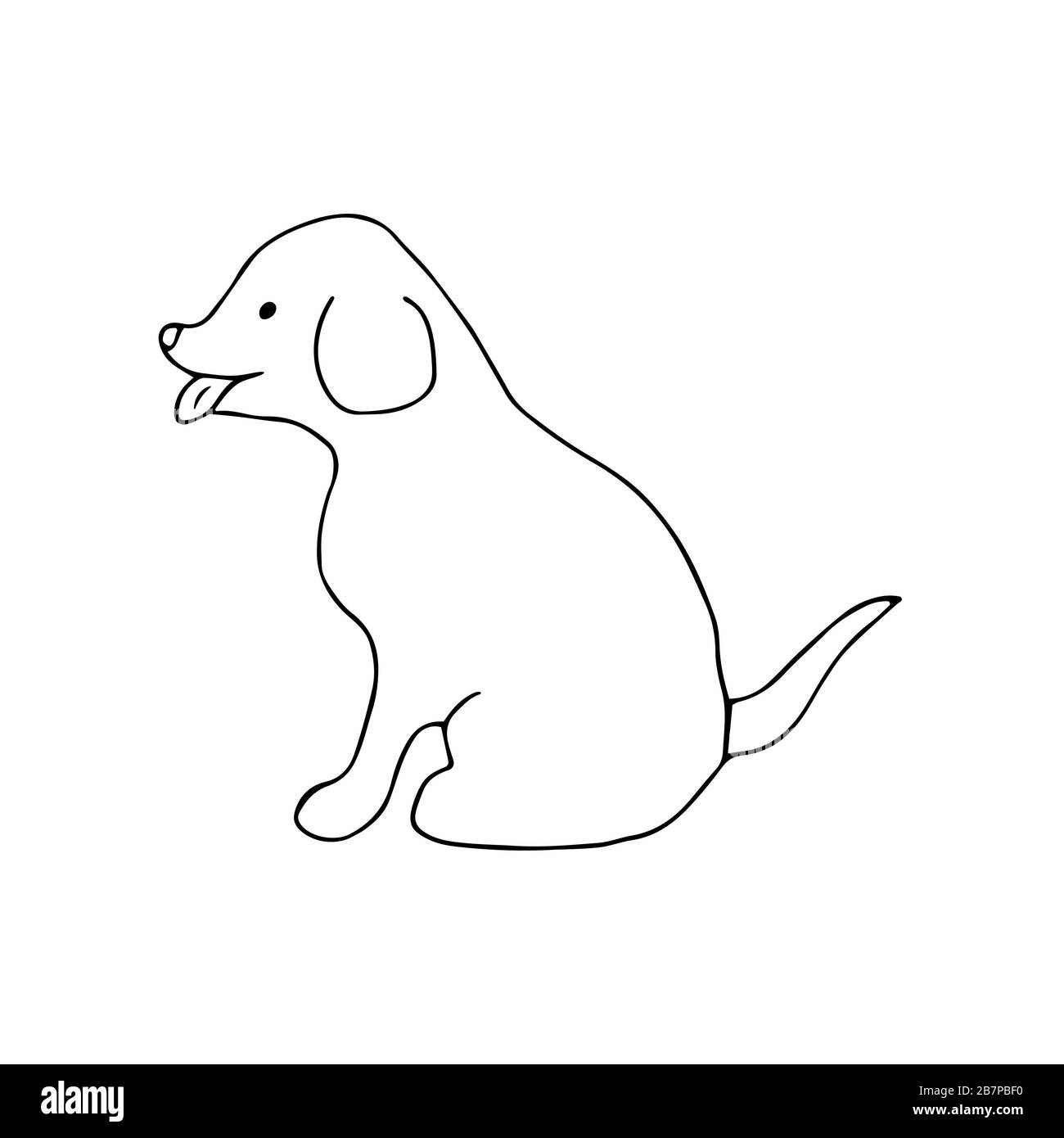 Ein fröhlicher verspielter Hund sitzt und sieht mit aushängender Zunge aus. National Puppy Day. Schönes Tier, beste Freundin, Lieblingstier. Schwarz und Stock Vektor