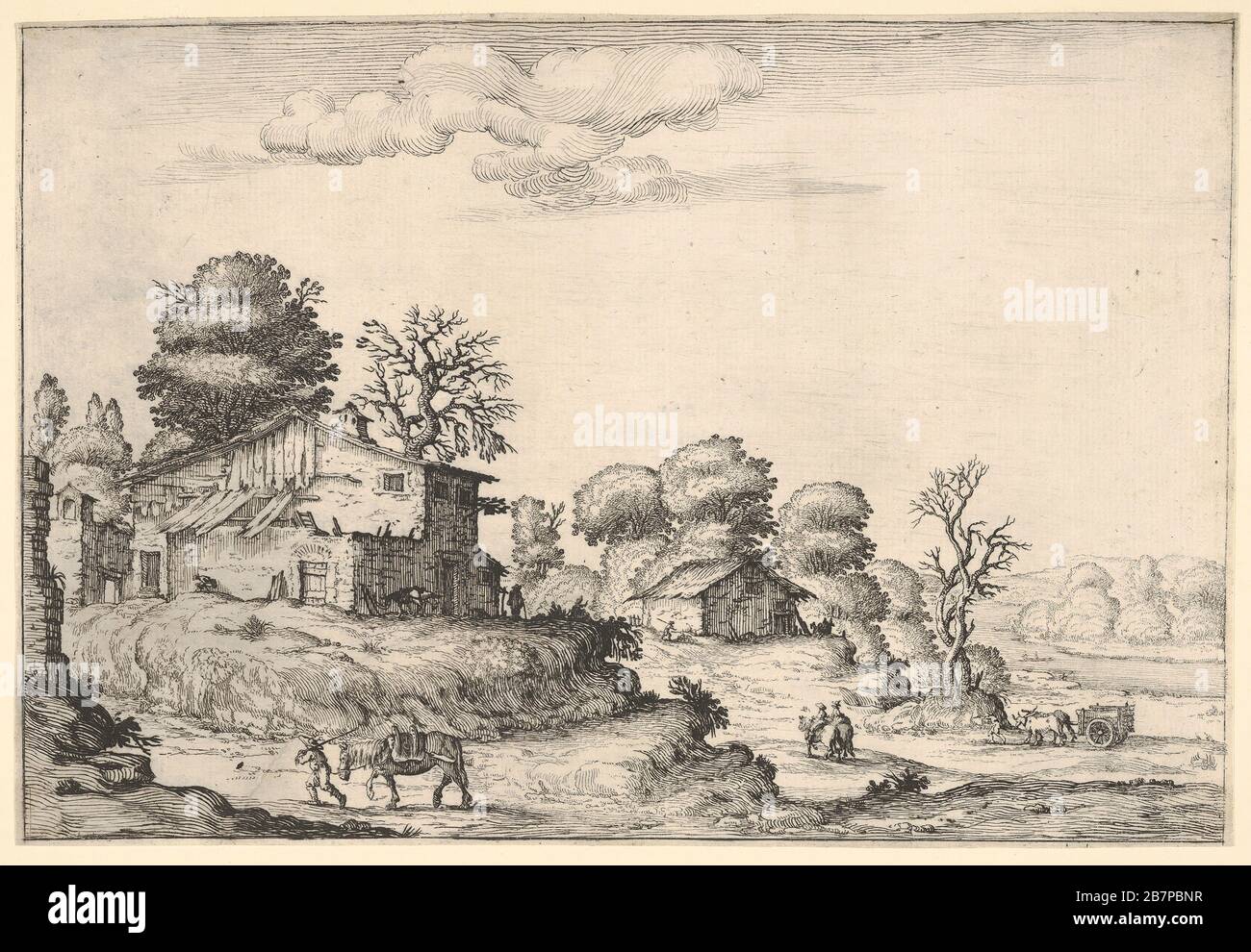 Landschaft mit Bauernwohnungen und einem Mann, der ein Pferd im linken Vordergrund führt, aus einer Reihe von Landschaften, die dem Großfürsten der Toskana, 1638 gewidmet sind. Stockfoto