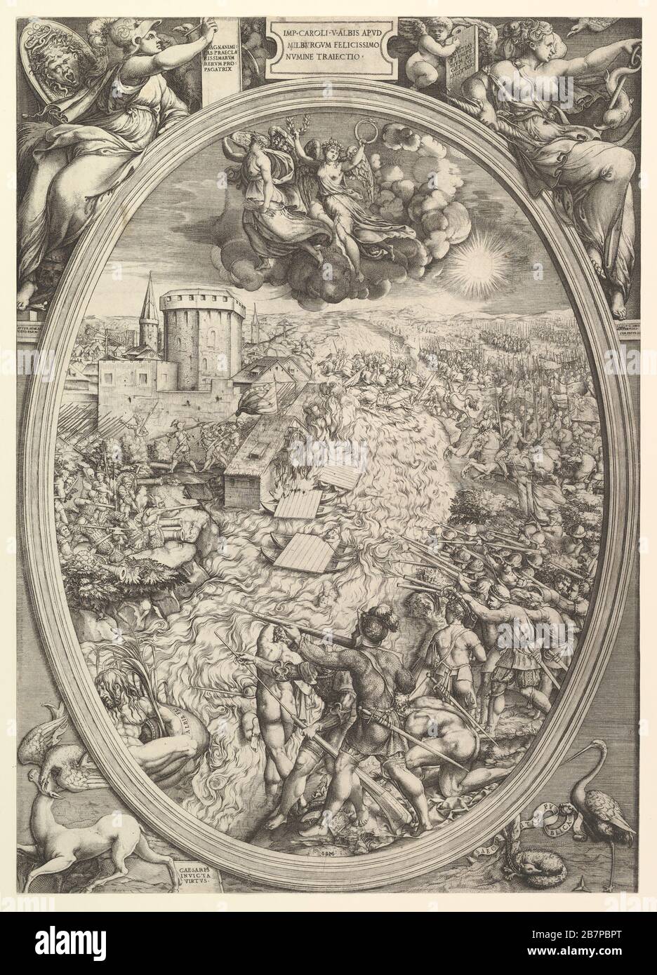 Die Schlacht von Mühlberg mit der Armee von Karl V., die die Elbe überquert, 1551. Stockfoto