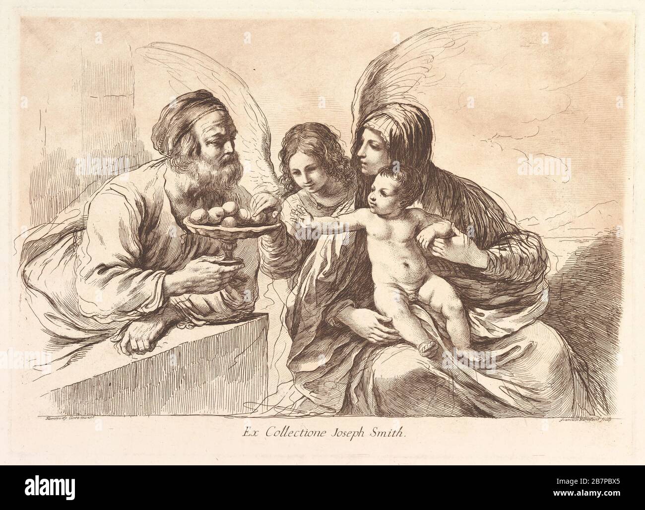 Die heilige Familie mit einem Engel, der dem Christuskind Frucht bringt: Raccolta di alcuni disegni del Barbieri da Cento detto il Guernico, 1764. Nach Guercino Stockfoto