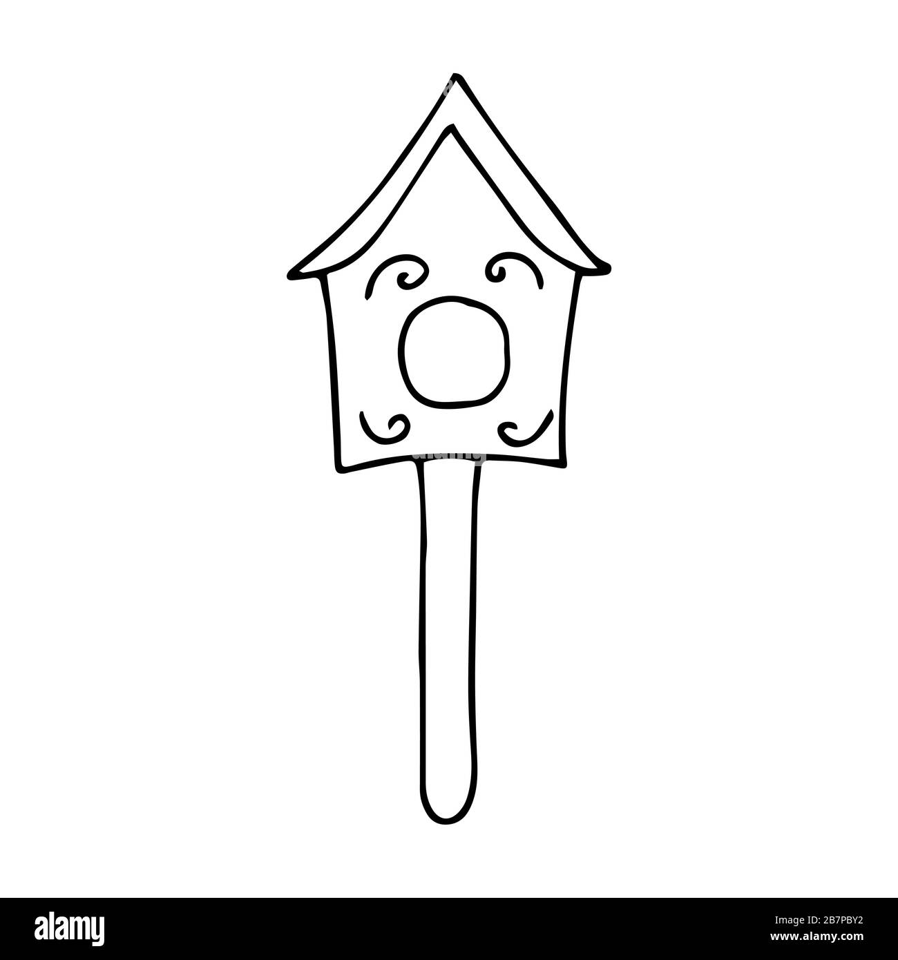 Süßes Holzbirdhouse. Schwarz-weiße Abbildung auf weißem Hintergrund im Doodle-Stil. Fütterrinne für Vögel, die von warmen Rändern in der sp ankommen Stock Vektor