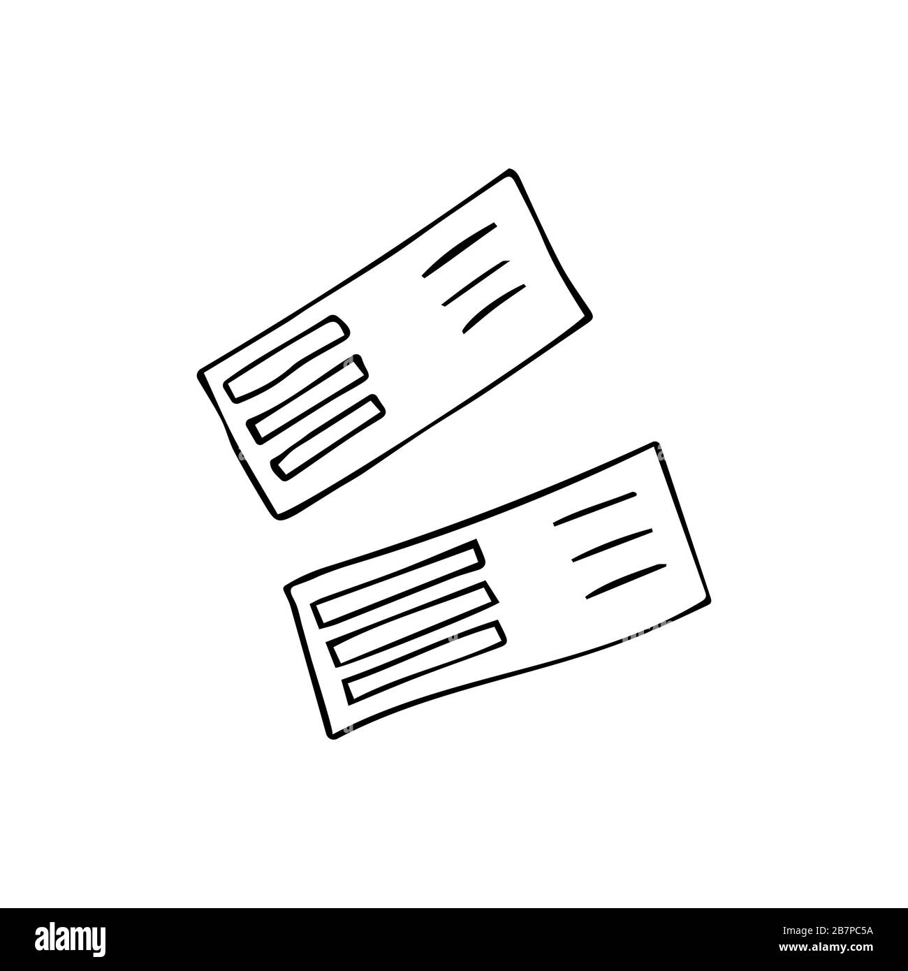 Papiertickets für Reise, Flug oder Veranstaltung. Zwei Karten schwarz-weiße Illustration im Doodle-Stil Stock Vektor