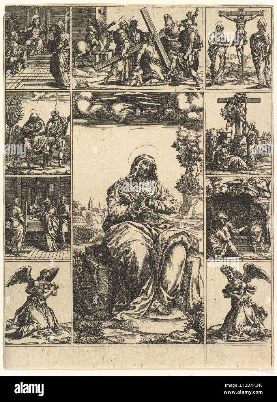 Die Jungfrau von Leiden; ein Bild der Jungfrau Maria, umgeben von neun Vignetten, die Szenen ihres Lebens darstellen, ca. 1575. Stockfoto