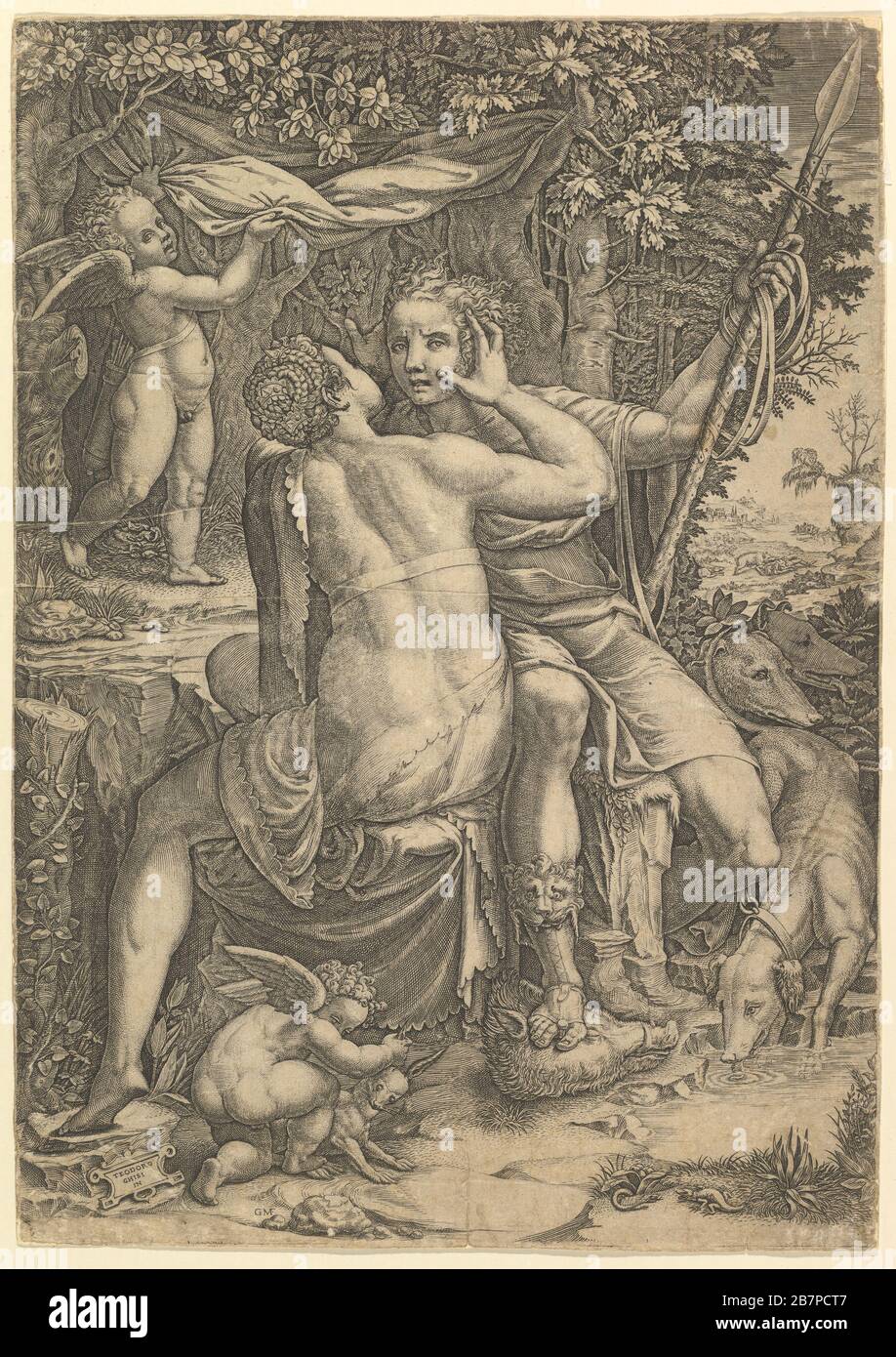 Venus und Adonis, ca. 1570. Nach Teodoro Ghisi Stockfoto