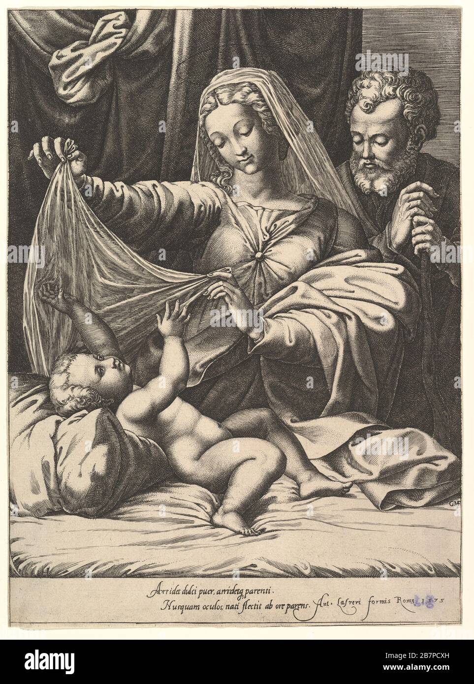 Madonna von Loreto, die Jungfrau hebt einen Schleier über dem Kind, das auf einem Bett und Kissen liegt, und Josef steht mit beiden Händen hinter seinem Stab, 1575. Nach Raphael. Stockfoto