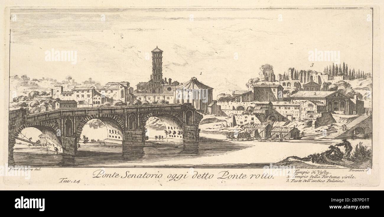 Platte 14: Senatorenbrücke, heute Ponte Rotto (Brücke gebrochen) genannt. 1. Tempel von Vesta. 2. Tempel von Fortuna Virilis. 3. Teil des alten Palatin. (Ponte Senatorio oggi detto Ponte rotto), ca. 1748. Stockfoto