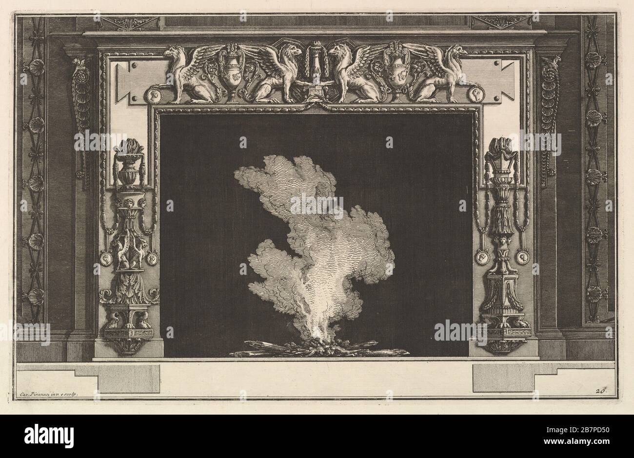 Chimneypiece: Affronted griffons on the Lintel and candelabra on the jambs (ch. Accompagn&#xe9;e de son Plan et d&#xe9;cor&#xe9;e d'une frise de griffons), from diverse Maniere d'adornare i camed ogni a parizes (all parizes). 17659. Stockfoto