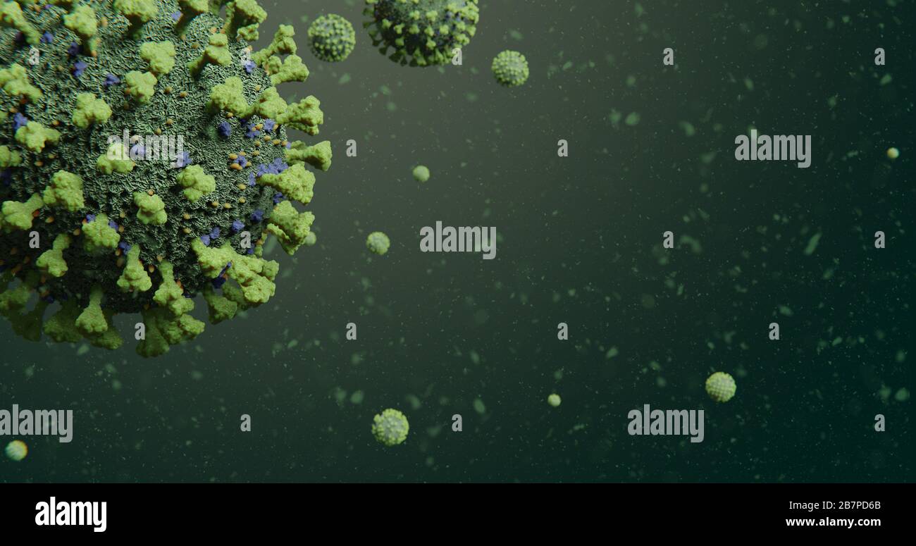 Ansteckender Cluster aus COVID-19 Corona Influenza-Virus-Molekülen, die in grünen Partikeln - mikroskopisch kleiner Abstrakt - nCOV Coronavirus pandemic schwebend sind Stockfoto