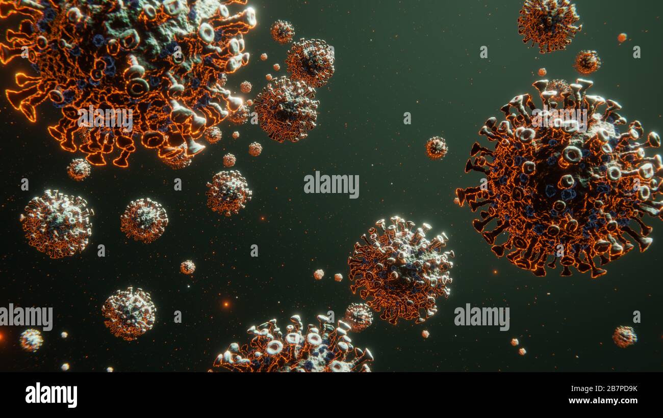 Cluster tödlicher COVID-19 Corona Influenza-Virus-Bakterienmoleküle 3D-Rendering Stockfoto