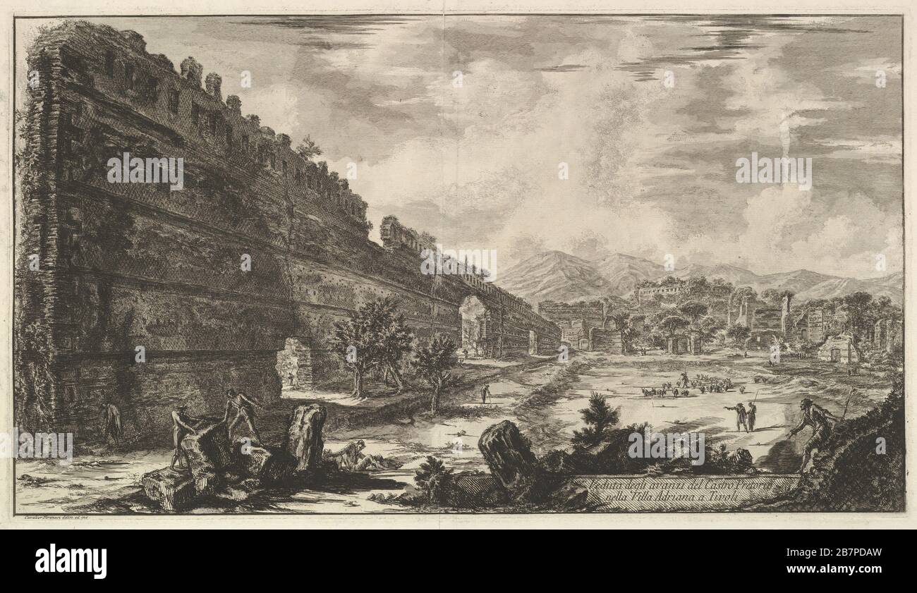 Veduta degli avázi del Castro Pretorio nella Villa Adriana a Tivoli (Blick auf die Überreste des Praetorian Forts [The Poecile], Hadrians Villa, Tivoli), 1770. Stockfoto