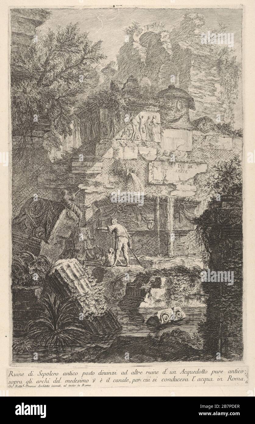 Platte 6: "Ruinen eines alten Grabes vor den Ruinen eines antiken Aquädukts; über den Bögen des letzteren befindet sich der Kanal, der das Wasser nach Rom förderte" (Ruine de sepolcro antico posto dinanzi ad altre ruine d'un Acquedotto pure antico; sopra gli archi del medesimo V'&#xe8; il Canale, per cui si conduceva l'acqua in Roma), aus der Serie "Teil einer der Architektur und Perspektiven: Gezeichnet und geätzt von Gio. BATT'a Piranesi, Venetian Architect: Gewidmet Nicola Giobbe' (Prima parte di Architetture, e prospettive inventate, ed Incise da Gio. BATT'a Piranesi Architetto Veneziano widmen al Stockfoto
