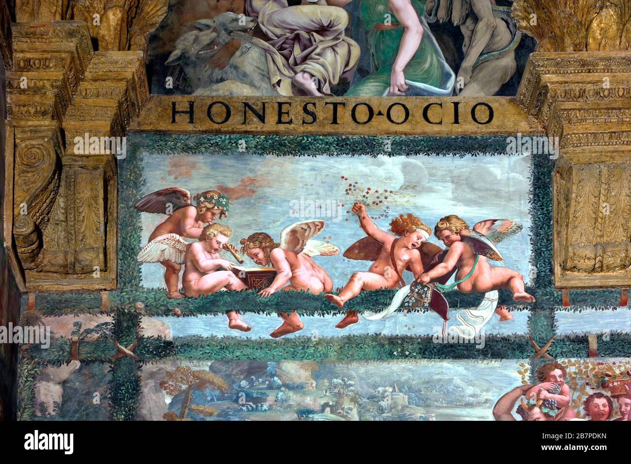 Verspielte Putten, "rustikales Bankett" in der "Kammer für Cupid und Psyche". Fresko von Giulio Romano und Helfern (16. Jahrhundert). Palazzo Te, Mantua, Italien. Stockfoto