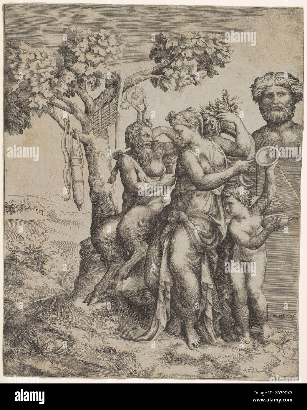 In der Nähe einer weiblichen Figur sitzend, die eine Cornucopia (eine Nymphe oder Pomona) hält, spielt rechts ein Cupid vor einem herm Becken, links hängen ein Rohr, Becken, Bogen und eine Pfeilersattel von einem Baum, Ca. 1550-60. Stockfoto