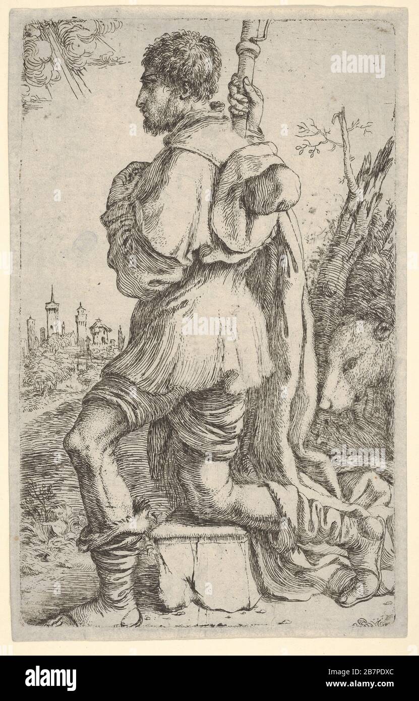 Saint Roch, kniet auf einem Stein, von der Seite gesehen mit seinem Hund hinter ihm und einem Stadtbild im Hintergrund links, 1620-30. Stockfoto