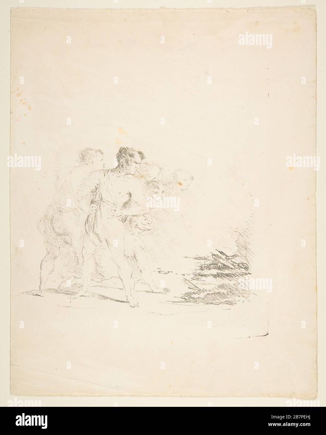 Männer spucken bei einem Feuer, ca. 1820-1850. Stockfoto