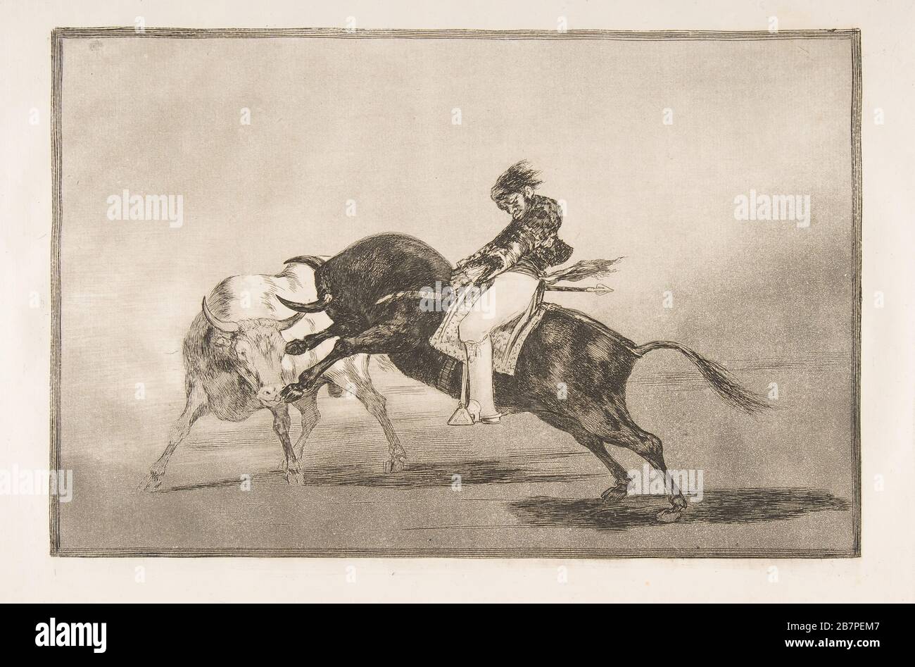 Platte 24 der "Tauromaquia": Der gleiche Ceballos, der auf einem anderen Stier montiert ist, bricht in Madrid kurze Speere im Ring., Stockfoto