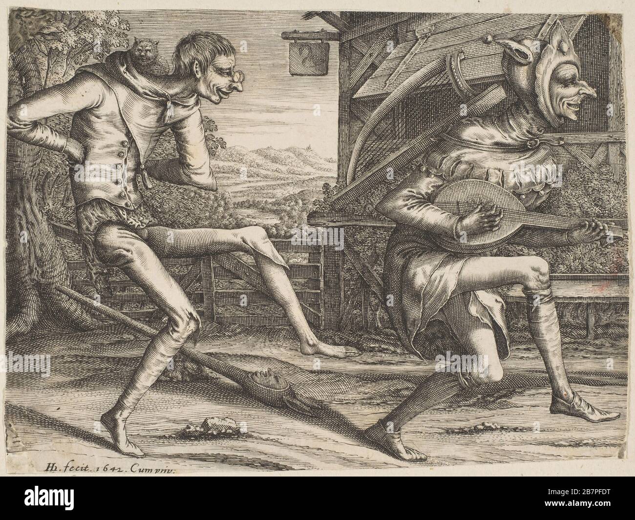 Zwei Fools Dancing von zwei und drei Fools of the Carnival, 1642. Nach Pieter Bruegel dem älteren Stockfoto