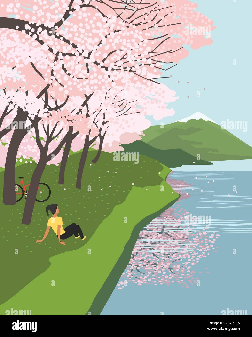 Kirschblüten am Fluss genießen flache Vektor-Poster Stock Vektor