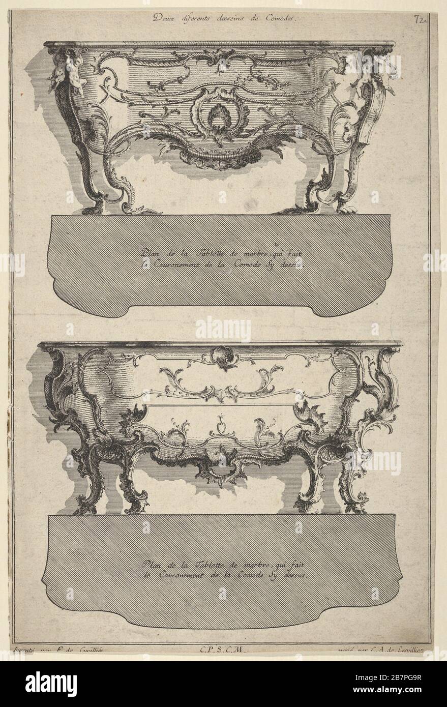 Designs für zwei Modi von 'Livre de differents dessein de Comodes', 1745-56. Stockfoto