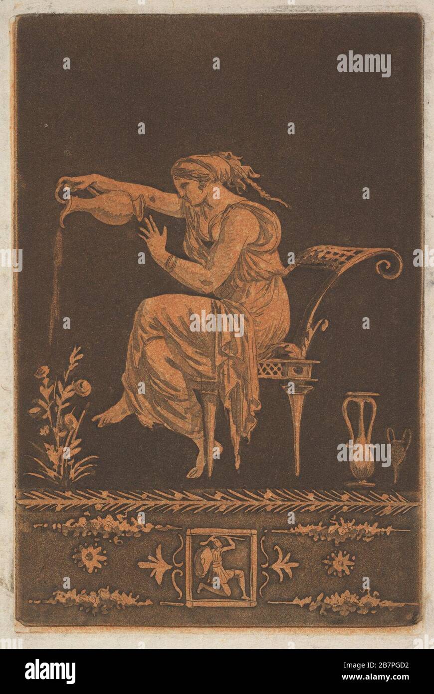 Jeune femme drap&#xe9;e, assise, arrosant une plante (junge drapierte Frau, sitzend, eine Pflanze im Stil des rotfigurigen Vasenmalens bewässern), höchstwahrscheinlich von Recueil de Diff&#xe9;rentes Kompositionen Freises et Ornements dessin&#xe9;es et&#xe9;es &#xe9;es la mani&#xe8;re du lavis par La Gren&#xe9;e le Juene SE trouve chez l'Auteur, au Louvre et chez Basan, rue et H&#xf4;Tel Serpente A Paris, in einem Album mit Recueil de compositions par Lagren&#xe9;e Le Jeune (Sammlung von Kompositionen von Lca#9;en'en). Im Jahr 1784. Stockfoto