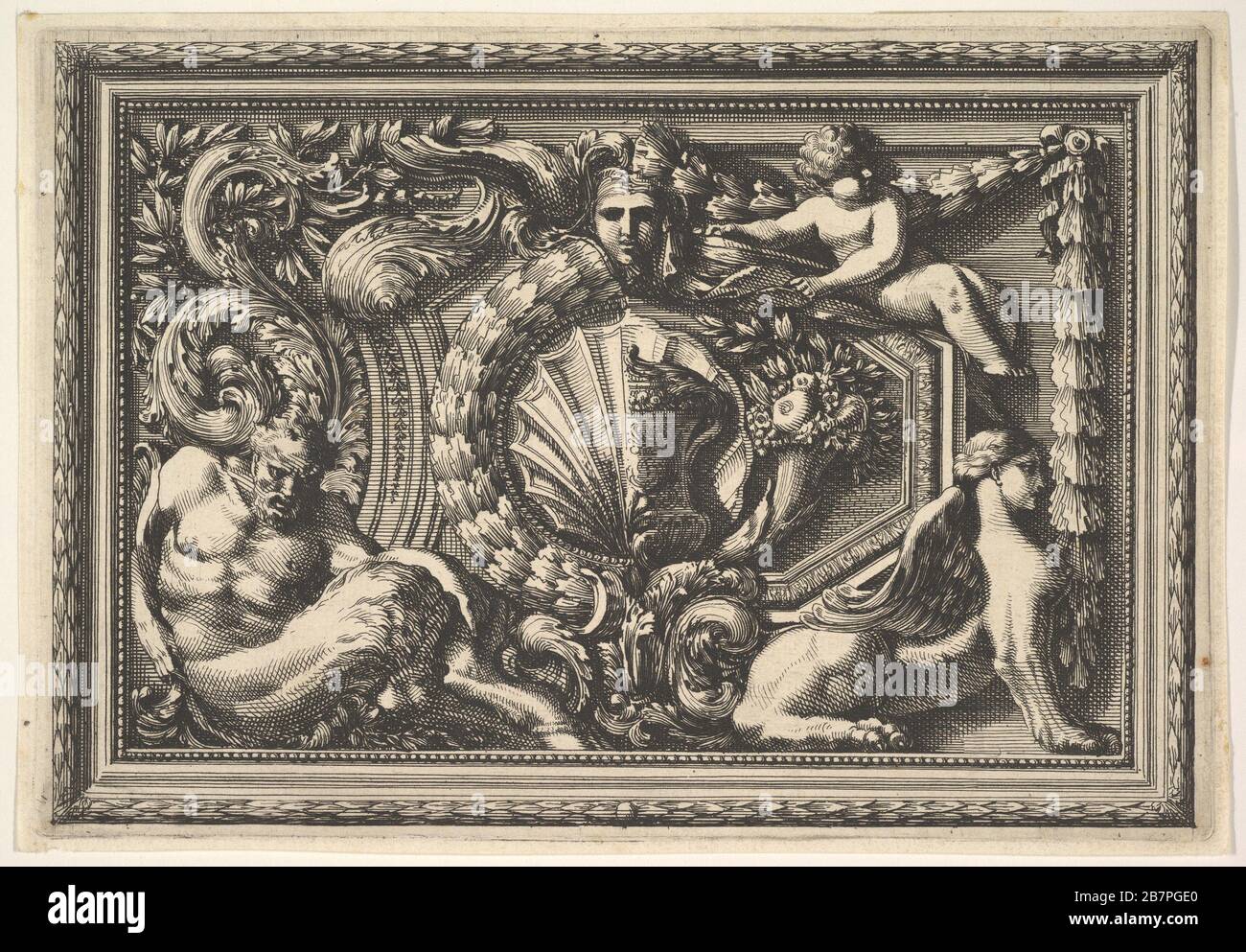 Design für ein Panel mit zwei Varianten, die einen Satyr-Sphynx und einen Sphynx enthalten, aus: Panneaux d'Ornement, 17. Jahrhundert. Stockfoto