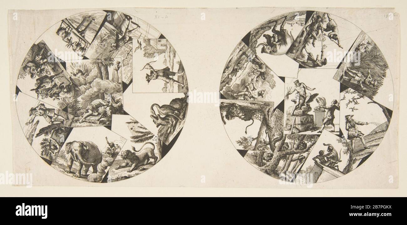 Designs für Platten, die von Oudrys Illustrationen zu La Fontaine's Fables nach dem Jahr 555 stammen. Stockfoto