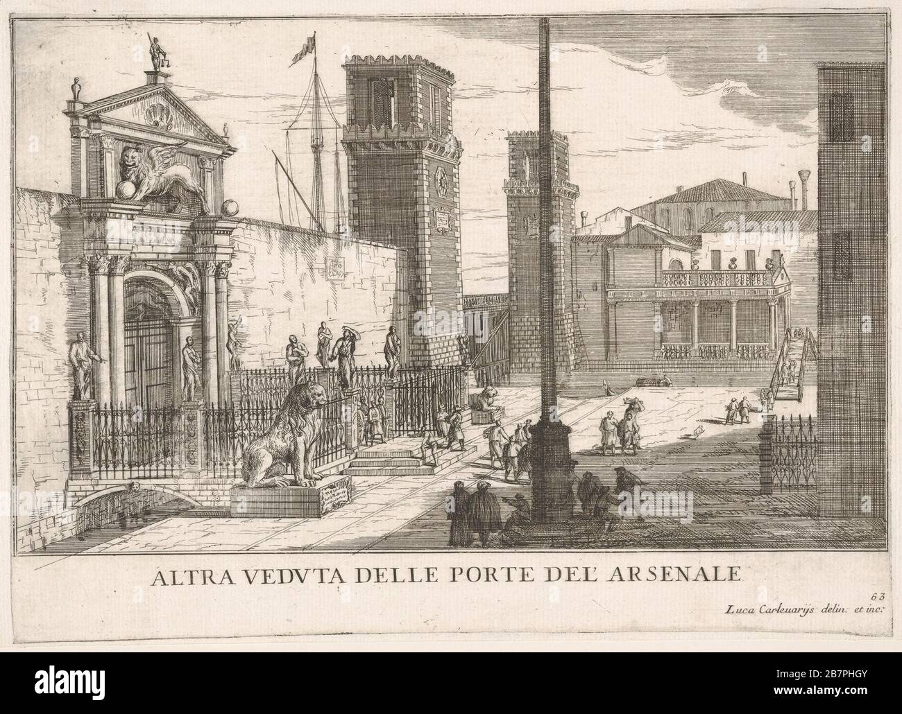 Platte 63: Blick auf das Tor der Werft und des Armory-Komplexes (Arsenale), Venedig, 1703, von "die Gebäude und Ansichten von Venedig" (Le fabriche e vedute di Venezia), 1703. Stockfoto