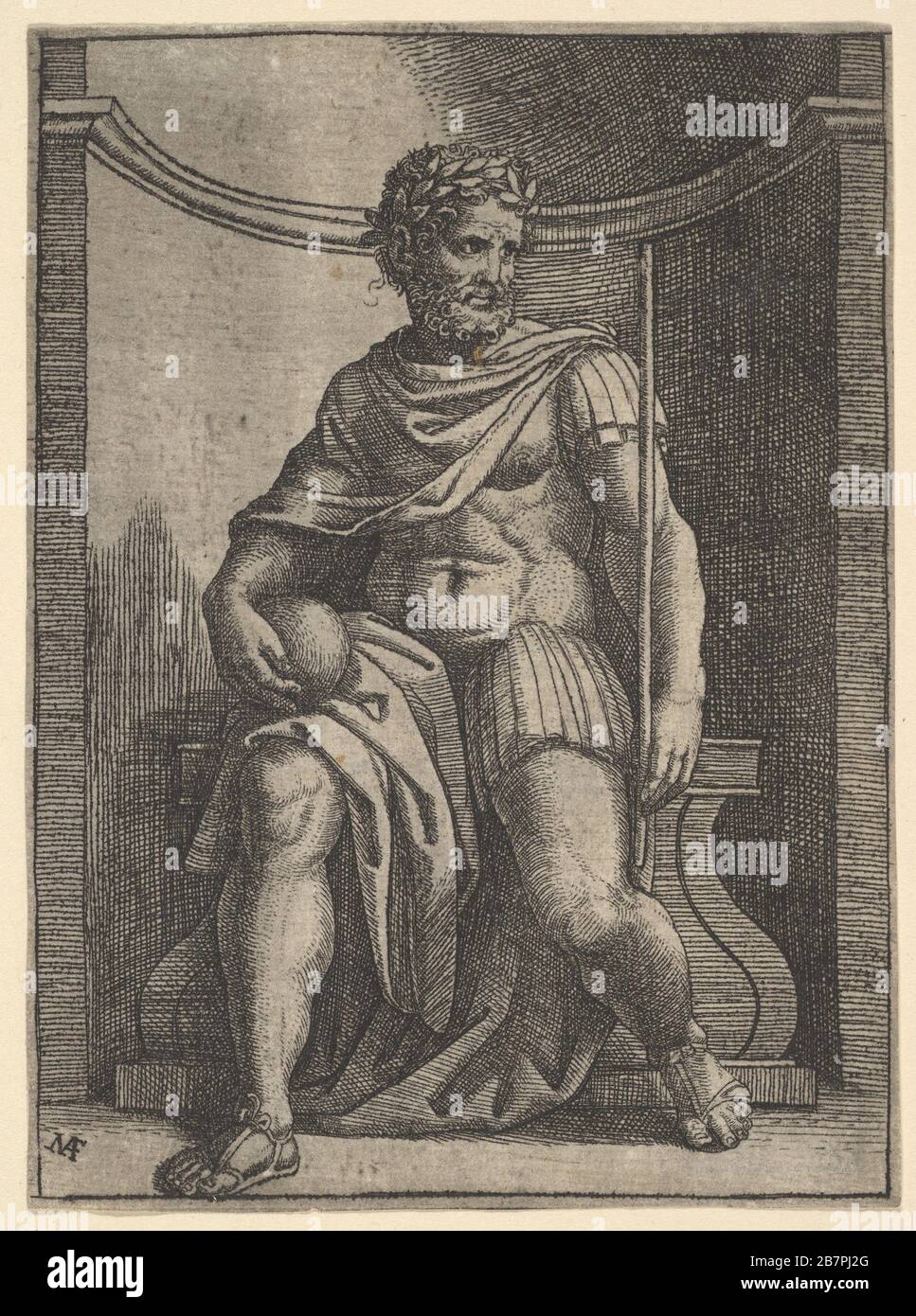 Ein römischer Kaiser, der in einer Nische sitzt, die einen Globus und ein Zepter hält und nach links blickt, kann. 1500-1534. Stockfoto