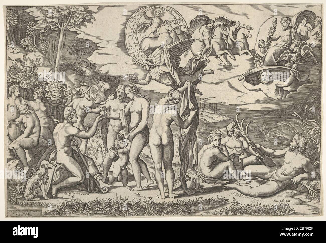Urteil von Paris: Paris streckt seine Hand in Richtung Venus, die zwischen Juno und Minerva steht, umgeben von Liegefiguren und sitzenden Figuren; Oben sind eine geflügelte Figur, die einen Lorbeerkranz trägt, ein Wagenlenker, der vier Pferde treibt, Castor und Pollux, und Jupiter, begleitet von Ganymede, einem Adler, Diana und zwei anderen weiblichen Figuren, Ca. 1520-50. Stockfoto