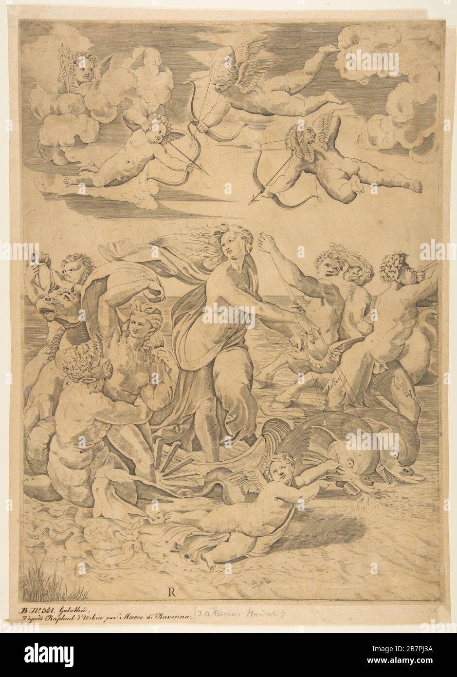 Galatea, die in einer Schale reitet, die von Delfinen durch das Wasser gezogen wurde, ein Cupid darunter und vier weitere oben, links ein triton, der eine Nymphe umarmte und hinter ihnen ein Mann auf dem Pferd, der einen Conch weht, Rechts eine Figur, die ein Horn bläst und hinter ihm eine Nymphe, die auf einem Zentaur reitet, ca. 1515-27. Stockfoto