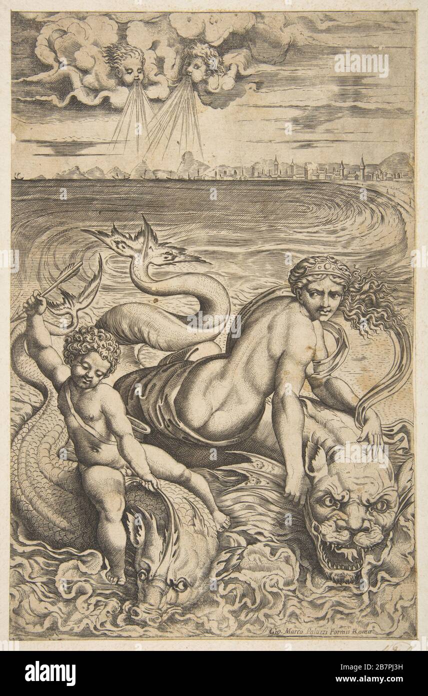 Venus und Cupid, die zwei Seeungeheuer reiten, hebt Cupid einen Pfeil in der rechten Hand, zwei Köpfe, die Wind in den Wolken oben darstellen, Ca. 1515-27. Stockfoto