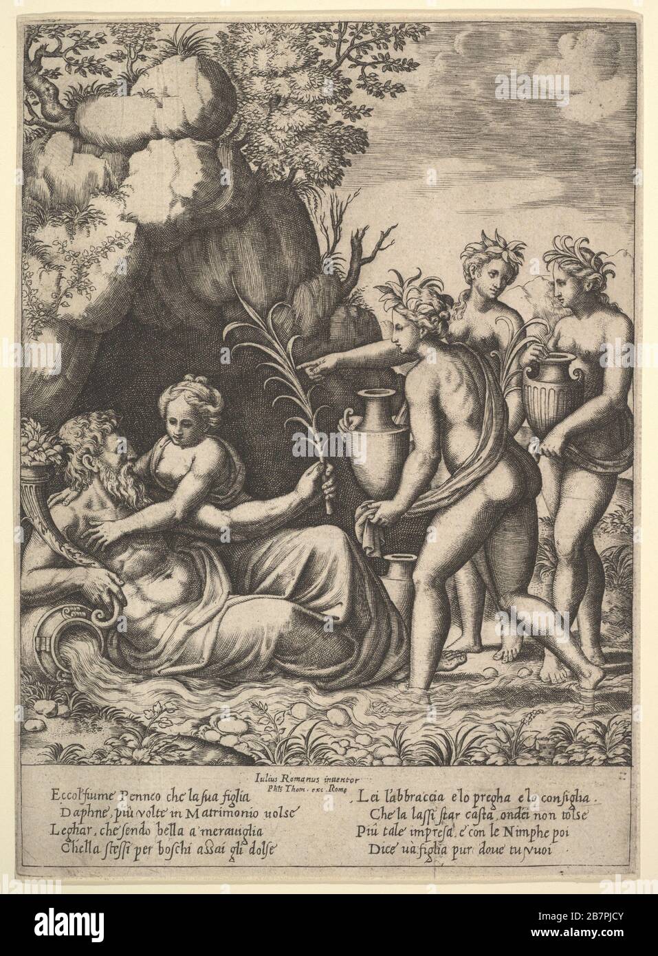 Daphne, die ihren Vater, den flussgott Peneus, auf der linken Seite umarmte, bringen drei Nymphen Gläser aus dem "Urgestein von Apollo und Daphne", 1530-60. Stockfoto