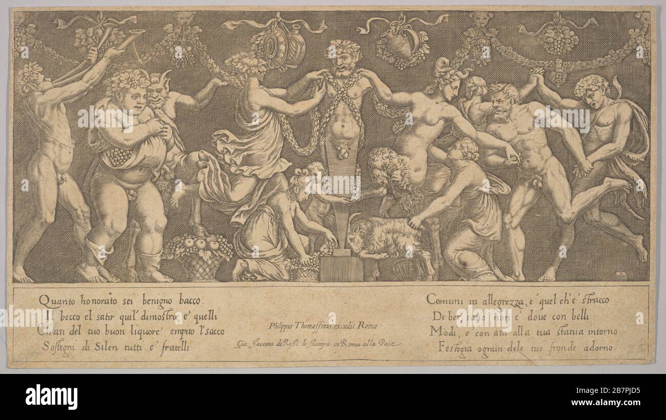Das Opfer für Priapus, der in Form einer Statue im Zentrum steht, Bacchus und ein Satyrer auf der linken Seite, 1530-60. Stockfoto