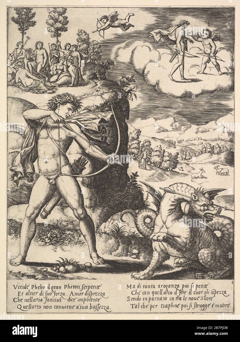 Apollo, der auf der linken Seite steht und einen Python mit einem Pfeil schießt, oben auf der linken Seite sind die Musen und rechts auf einem Wolkenkupid, der sich Apollo nähert, aus dem 'Storium von Apollo und Daphne', 1530-60. Stockfoto