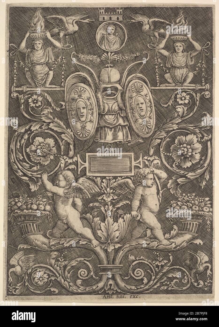 Eine Platte aus Zierrat, Putten, die auf Kornukopie im unteren Abschnitt, 1530-60, stehen. Stockfoto