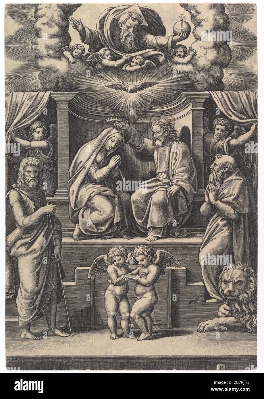 Die Marienkrönung unten links steht der heilige Johannes der Täufer, unten rechts der heilige Jerome, oben Gott der Vater, 1530-60. Stockfoto